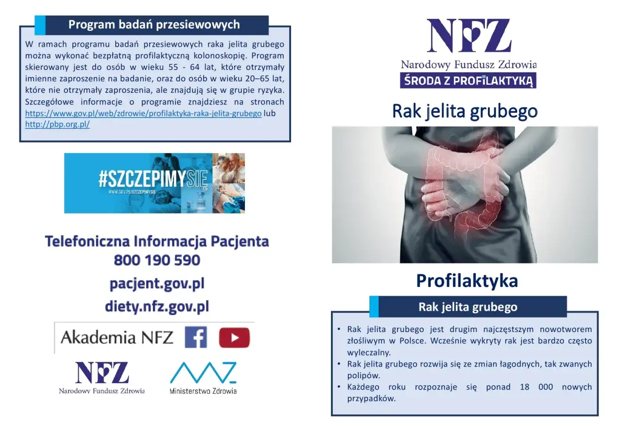 Grafika przedstawia schemat jelita grubego z zaznaczonymi obszarami bólu, symbolizując objawy raka jelita grubego. Informuje o programie badań przesiewowych.