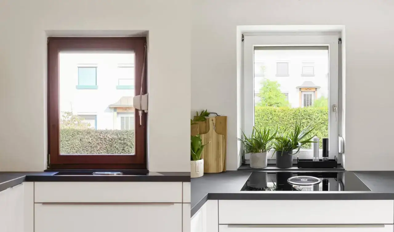Avant/après : une fenêtre en bois brun transformée en une fenêtre blanche lumineuse, apportant fraîcheur et modernité à la cuisine.