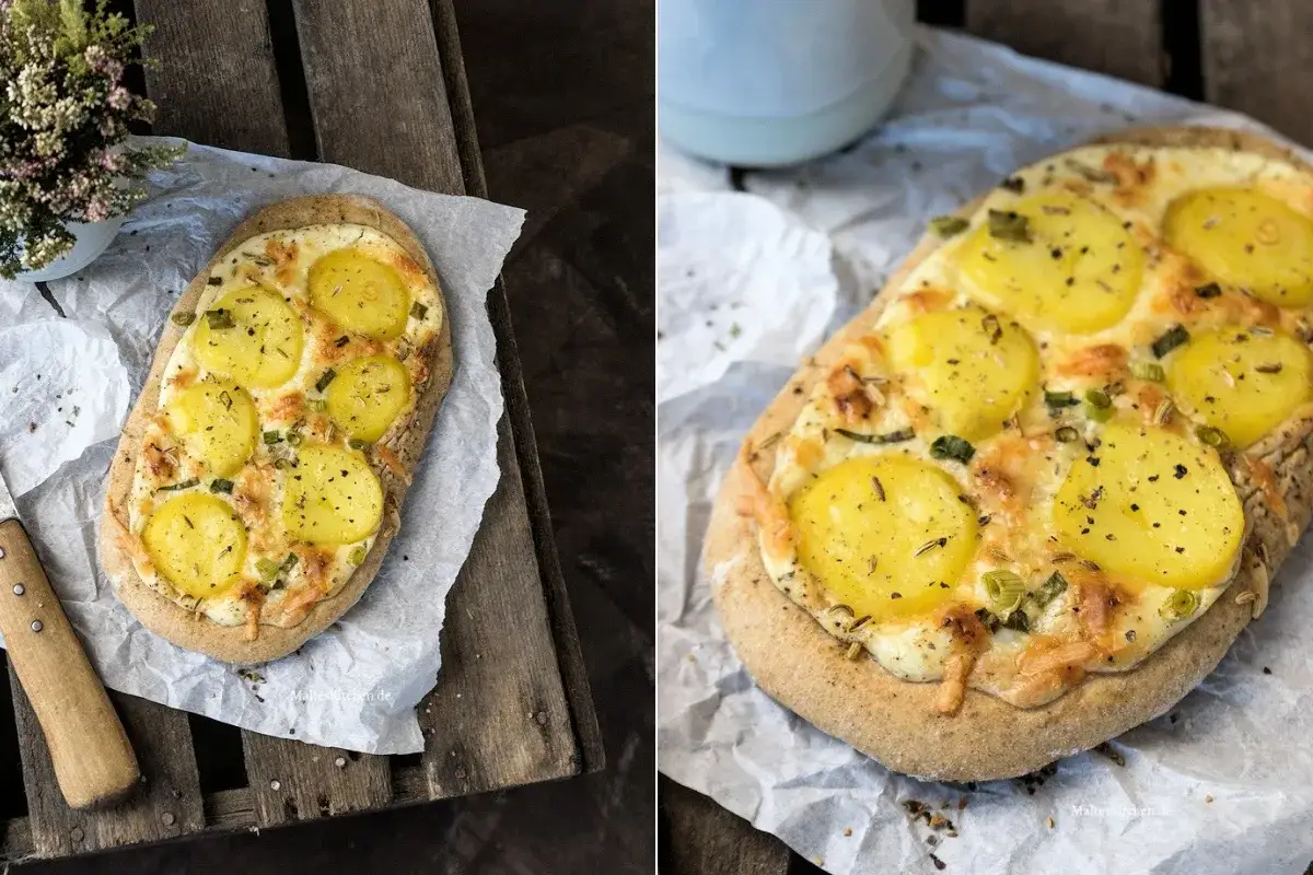 Herzhaftes Kartoffel Dinnete Rezept: Fladenbrot mit Kartoffelscheiben, Käse und Frühlingszwiebeln, perfekt für einen rustikalen Genuss.