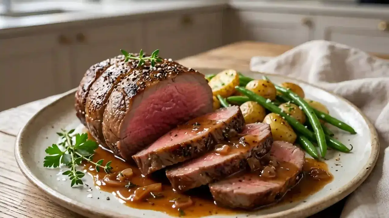 Un délicieux roti de boeuf tranché, nappé de sauce, servi avec des pommes de terre et des haricots verts.