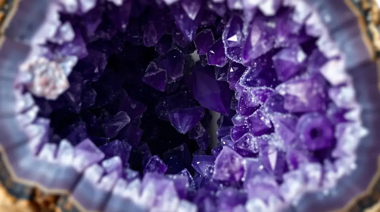 Tiefviolette Amethystkristalle funkeln in einer Geode. Die Amethyst Bedeutung liegt in seiner beruhigenden und schützenden Energie.