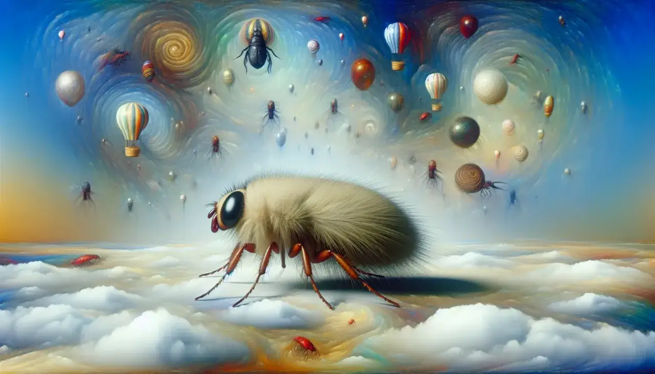Un insecto peludo gigante camina sobre nubes, rodeado de globos aerostáticos y pequeños insectos. Es como soñar con pulgas en un mundo surrealista.