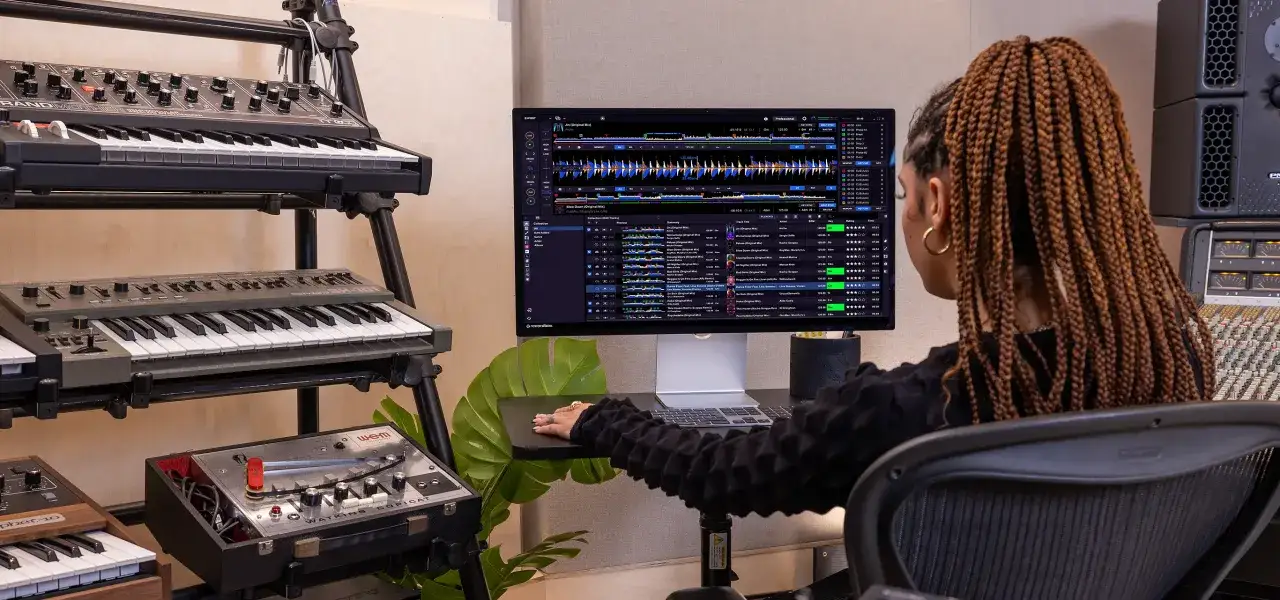 Dans ce studio, ou les DJ trouvent leur musique, une femme aux tresses cr&eacute;e des sons avec des synth&eacute;tiseurs et un logiciel sur &eacute;cran.