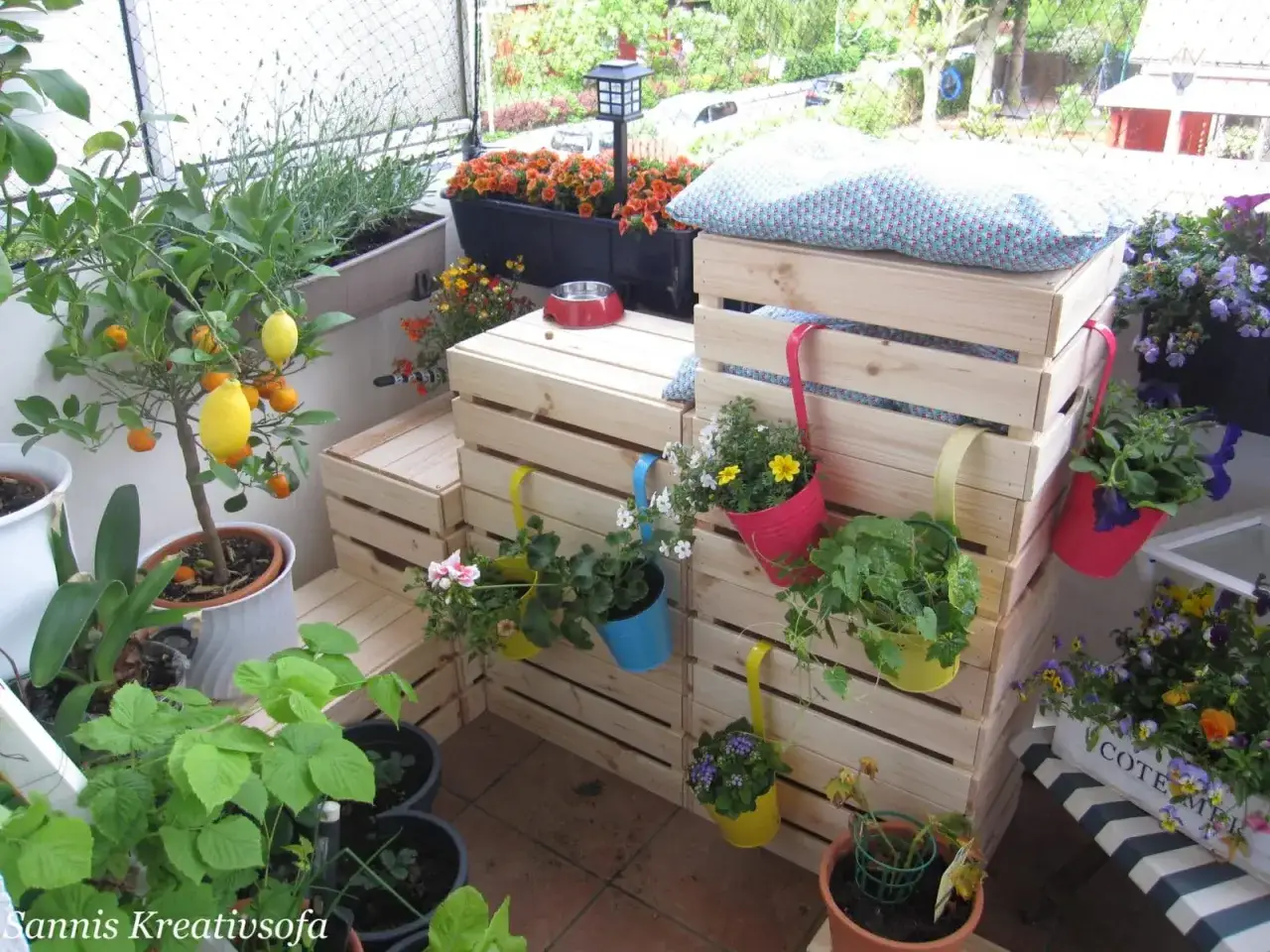 Katzentreppe selber bauen: Holzkisten-Konstruktion mit Blumenampeln und Zitronenbaum auf einem Balkon.