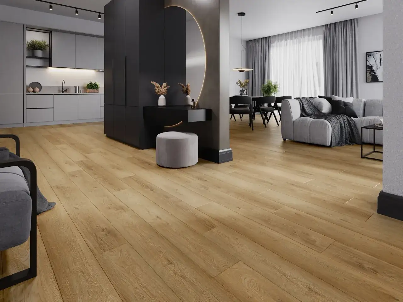 Jasne, drewnopodobne panele laminowane czy winylowe tworzą ciepłą atmosferę w nowoczesnym salonie z aneksem kuchennym i toaletką.