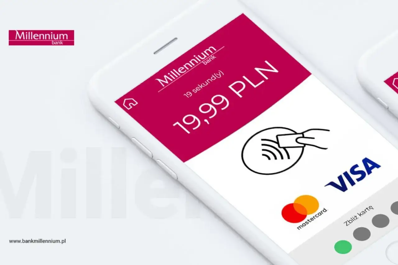 Jak płacić telefonem Millennium? Aplikacja pokazuje transakcję 19,99 PLN, zbliż kartę do terminala. Visa, Mastercard.