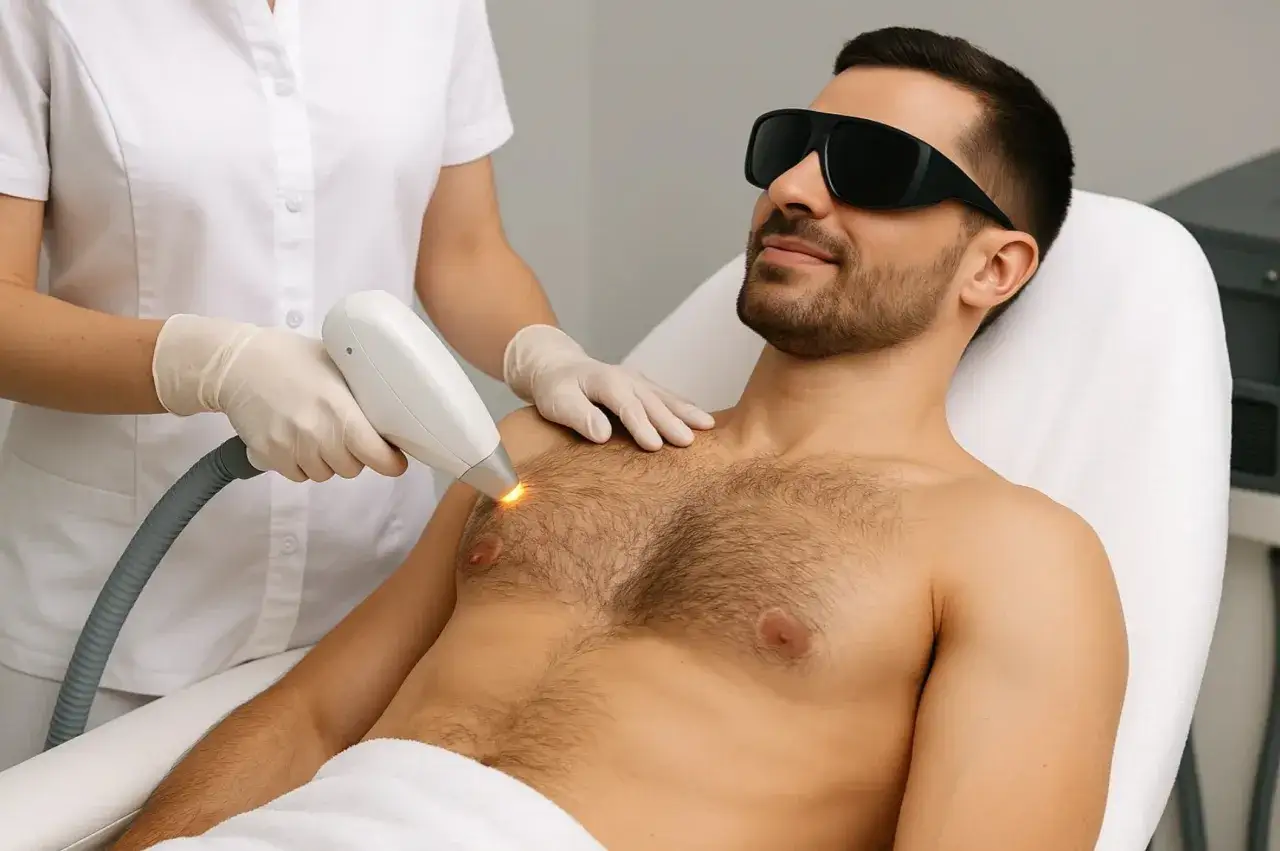 Mężczyzna w okularach ochronnych poddaje się zabiegowi depilacji laserowej klatki piersiowej.