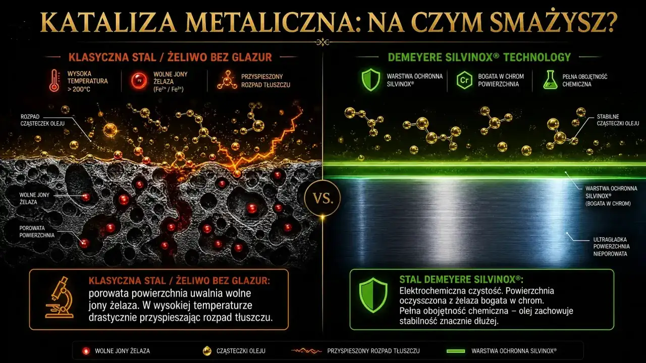 Klasyczna stal uwalnia jony żelaza, przyspieszając rozpad tłuszczu. Stal Demeyere Silvinox&reg; z warstwą chromu zapewnia stabilność oleju &ndash; na czym najlepiej smażyć?