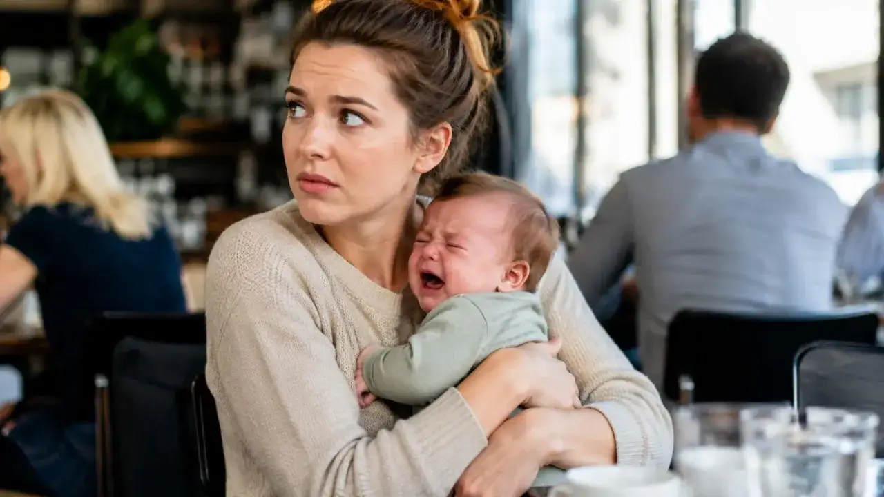 Madre preocupada abraza a su bebé. Mi bebé llora con mucha rabia, mientras otras personas comen en el restaurante.