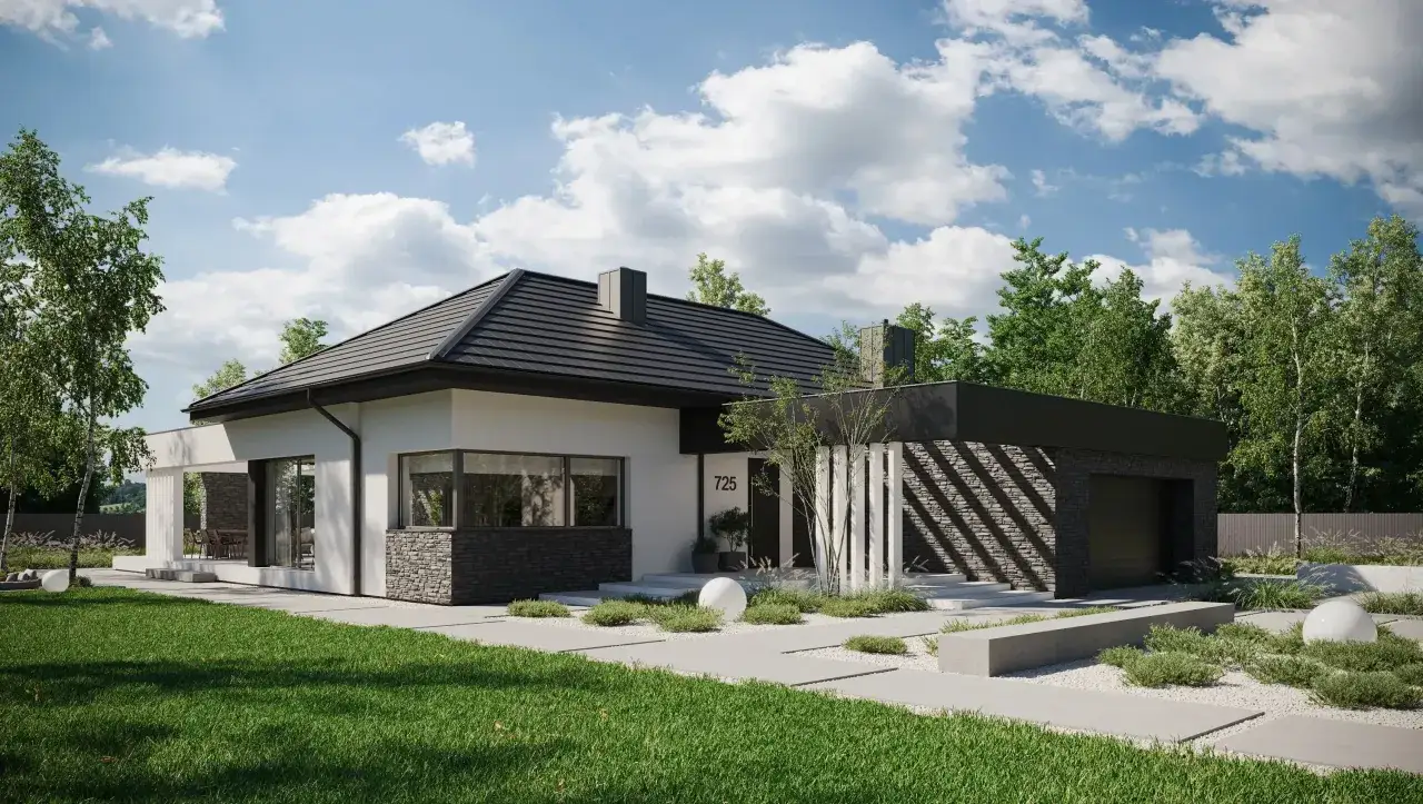 Nowoczesny dom z garażem, otoczony zielenią. Idealny przykład darmowych projektów domów, które inspirują do budowy.