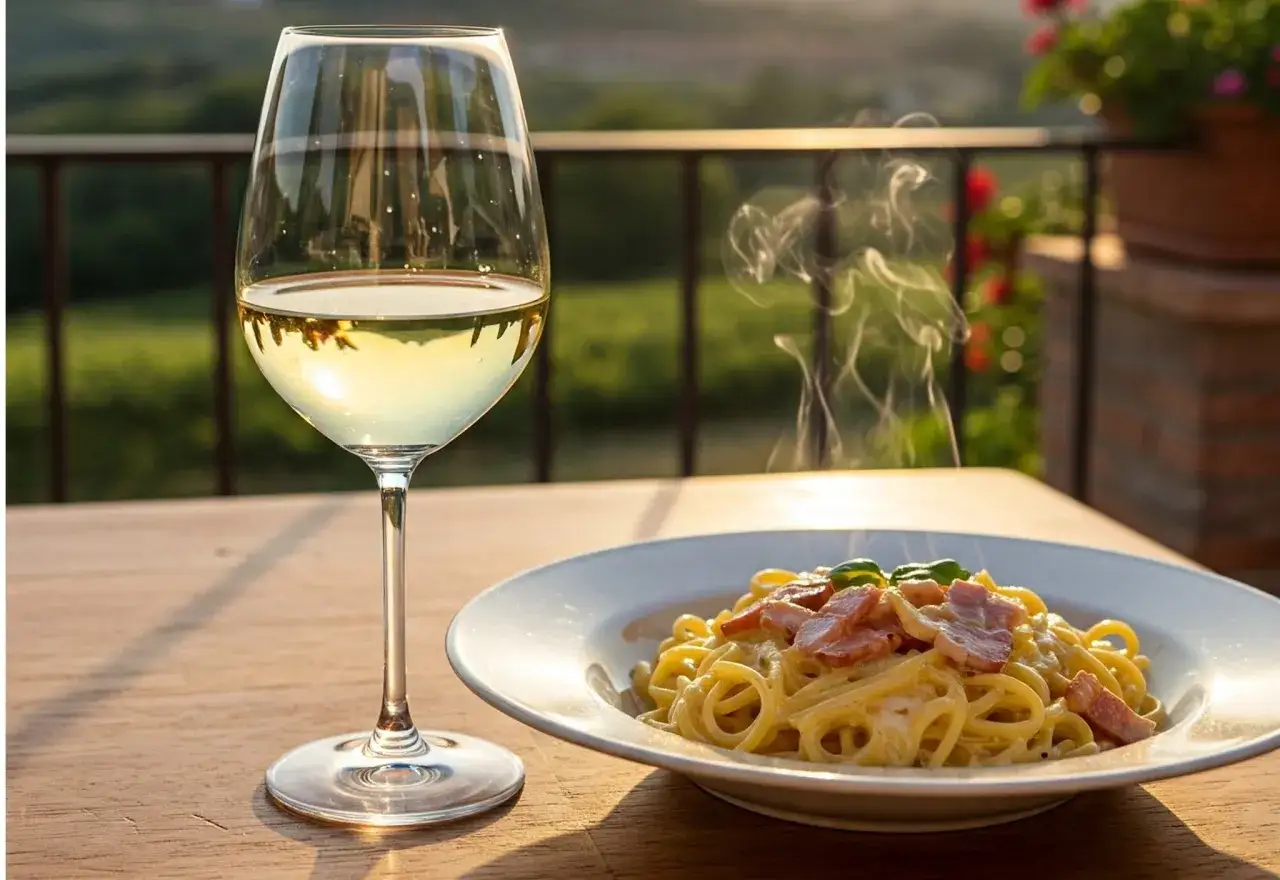 Aperitif na tarasie: parujący talerz spaghetti carbonara i kieliszek orzeźwiającego wino półwytrawne na tle zieleni.