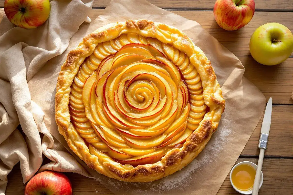 Une magnifique tarte aux pommes, ses fines tranches de fruits formant une spirale dorée, prête à être dégustée.