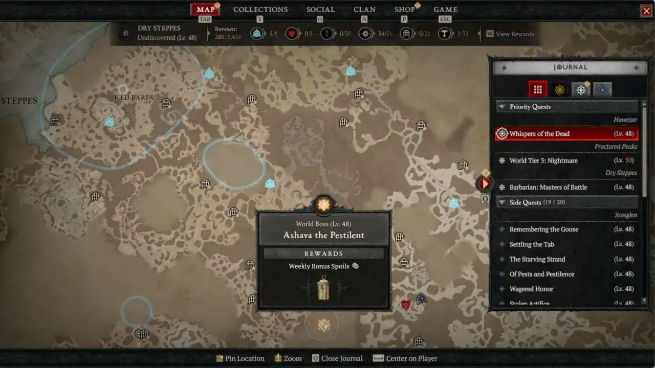 Mapa Diablo 4 pokazuje lokalizację **world boss** Ashava the Pestilent (Lv. 48) w Dry Steppes, z nagrodami w postaci Weekly Bonus Spoils.