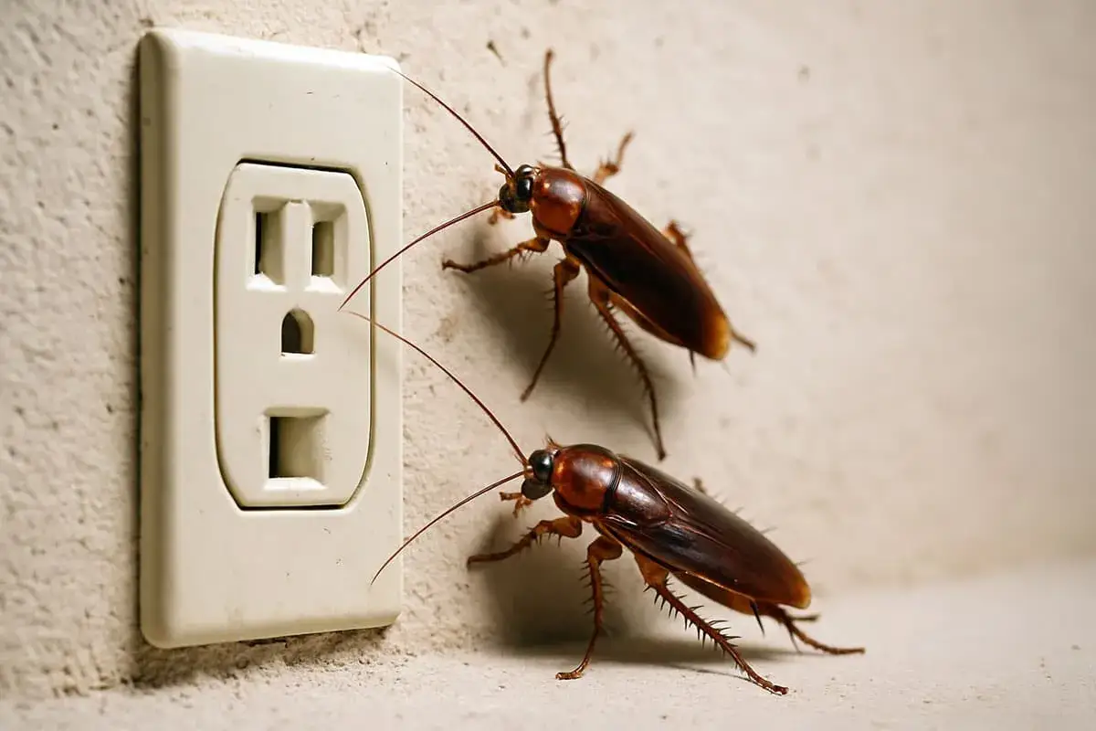 Dos cucarachas marrones trepan por una pared hacia un enchufe. Aprende c&oacute;mo ahuyentar las cucarachas y mantener tu hogar limpio.