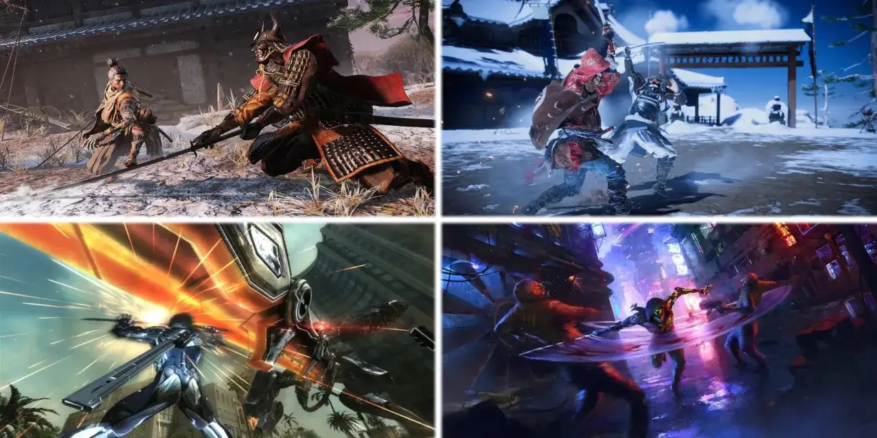 Cztery sceny z gier akcji: samurajowie w śniegu, cybernetyczni wojownicy i walka w neonowym mieście. Intensywny **hack and slash**!