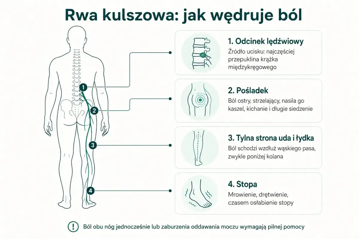 Rwa kulszowa objawy: ból od odcinka lędźwiowego, przez pośladek, udo, łydkę, aż do stopy.