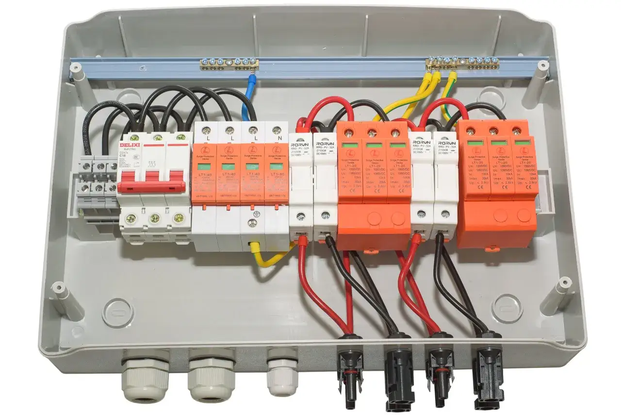 Wewnątrz skrzynki elektrycznej znajduje się zabezpieczenie przepięciowe sep g1, bezpieczniki i okablowanie.