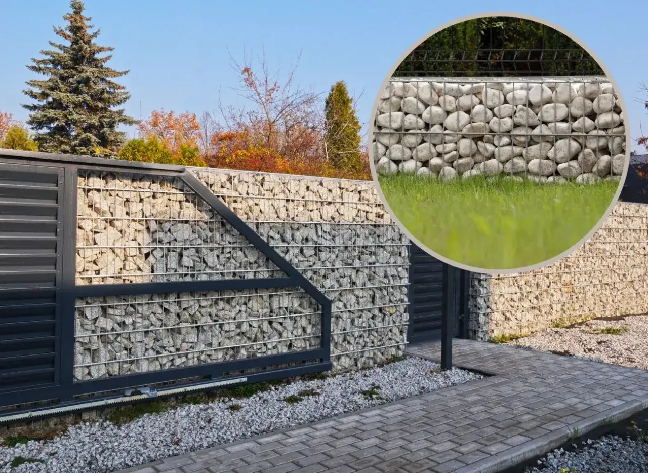 Nowoczesne ogrodzenie z kamienia w gabionach. Świetny pomysł, z czego zrobić ogrodzenie, które jest trwałe i estetyczne.