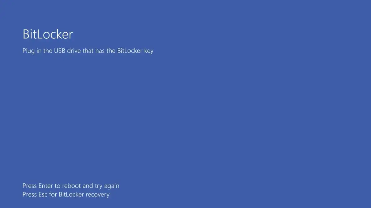 BitLocker sam się włączył. Podłącz USB z kluczem BitLocker. Naciśnij Enter, by zrestartować, lub Esc, by odzyskać dostęp.