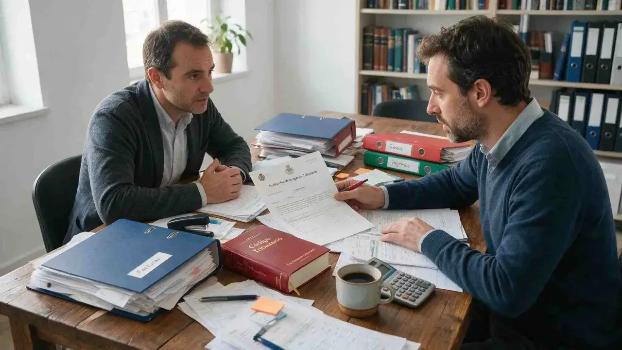 Dos hombres revisan documentos fiscales. Uno señala un papel, el otro escucha atentamente. Un libro de