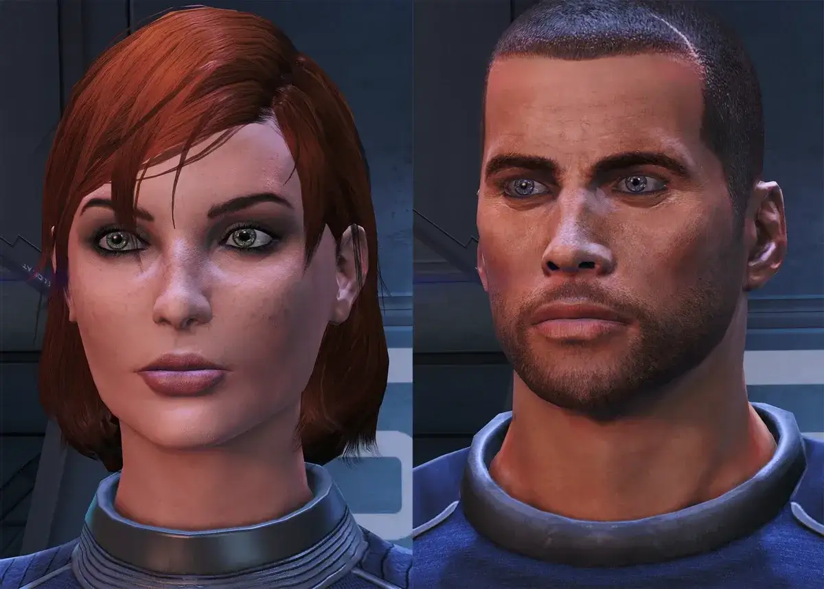 Portrety żeńskiej i męskiej postaci z gry Mass Effect. Idealne do poradnika Mass Effect, pokazują opcje wyglądu bohatera.