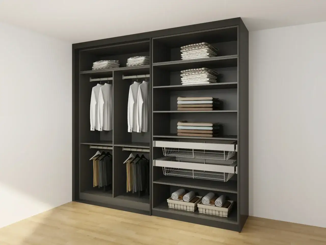 Armarios modernos y funcionales para organizar tu ropa. Camisas colgadas, pantalones doblados y toallas ordenadas.