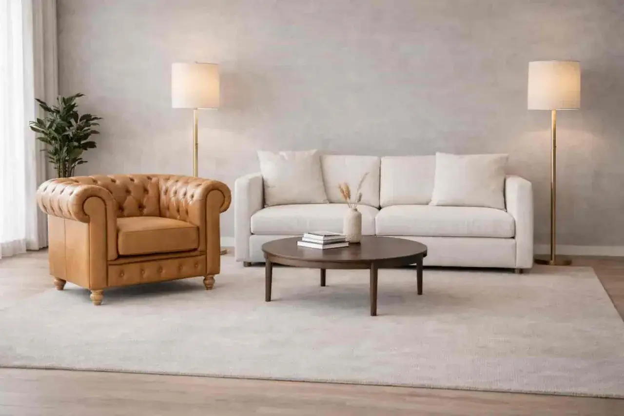 Salotto moderno con poltrona Chesterfield in pelle color cuoio, divano bianco, tavolino rotondo e lampade. Stile bauhaus.