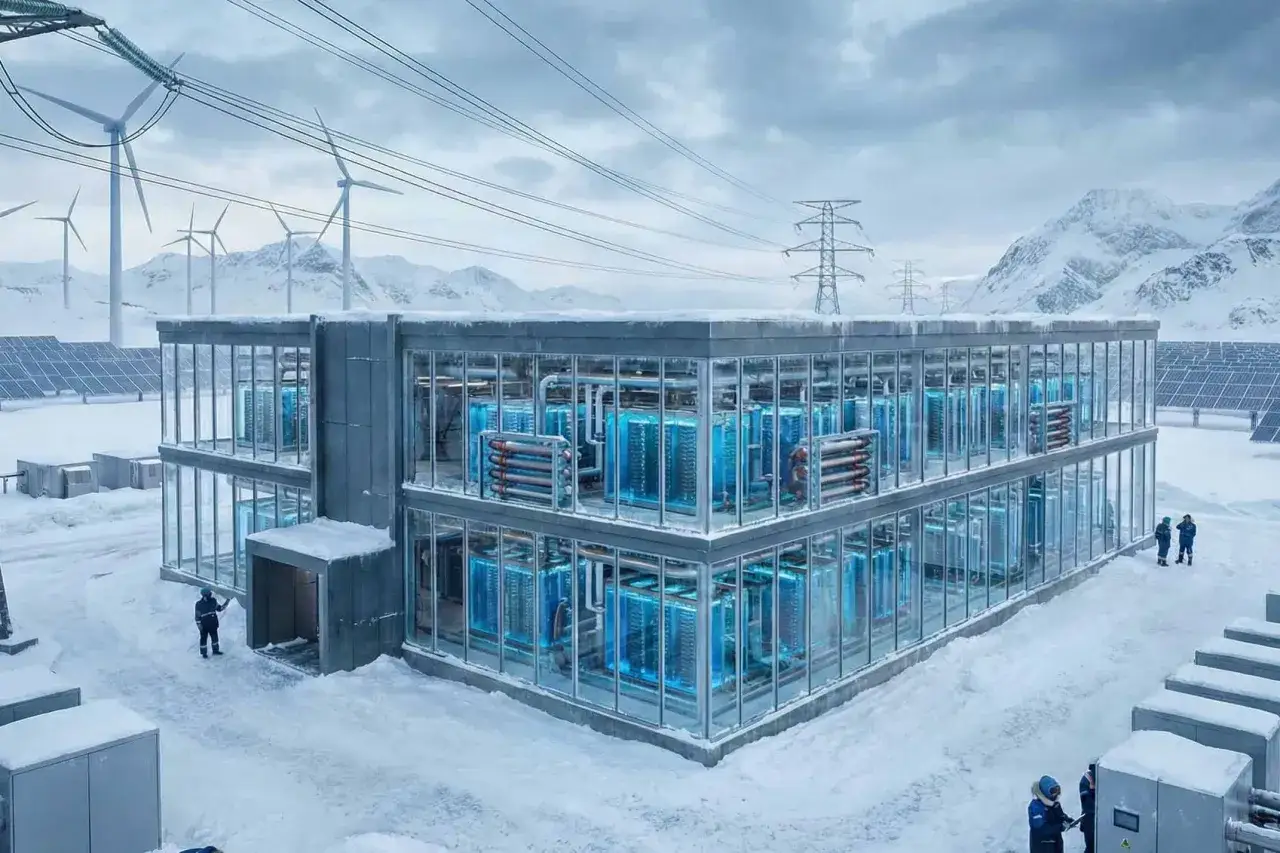 Nowoczesne centrum danych w zimowym krajobrazie, zasilane energią wiatrową i słoneczną. Wewnątrz widać rzędy niebieskich zbiorników.