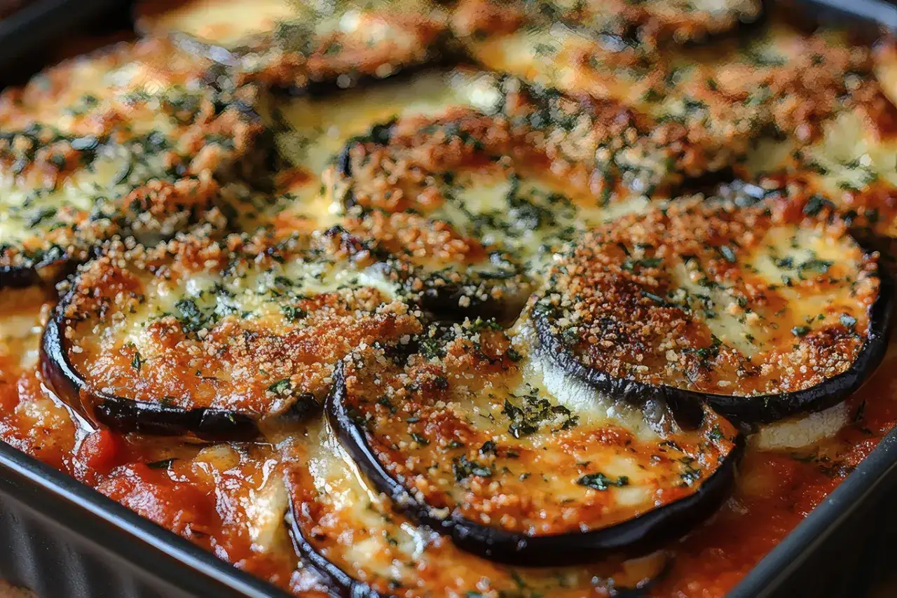 Delicioso parmigiana di melanzane reci&eacute;n horneado, con capas de berenjena, salsa de tomate y queso derretido, espolvoreado con hierbas y pan rallado.
