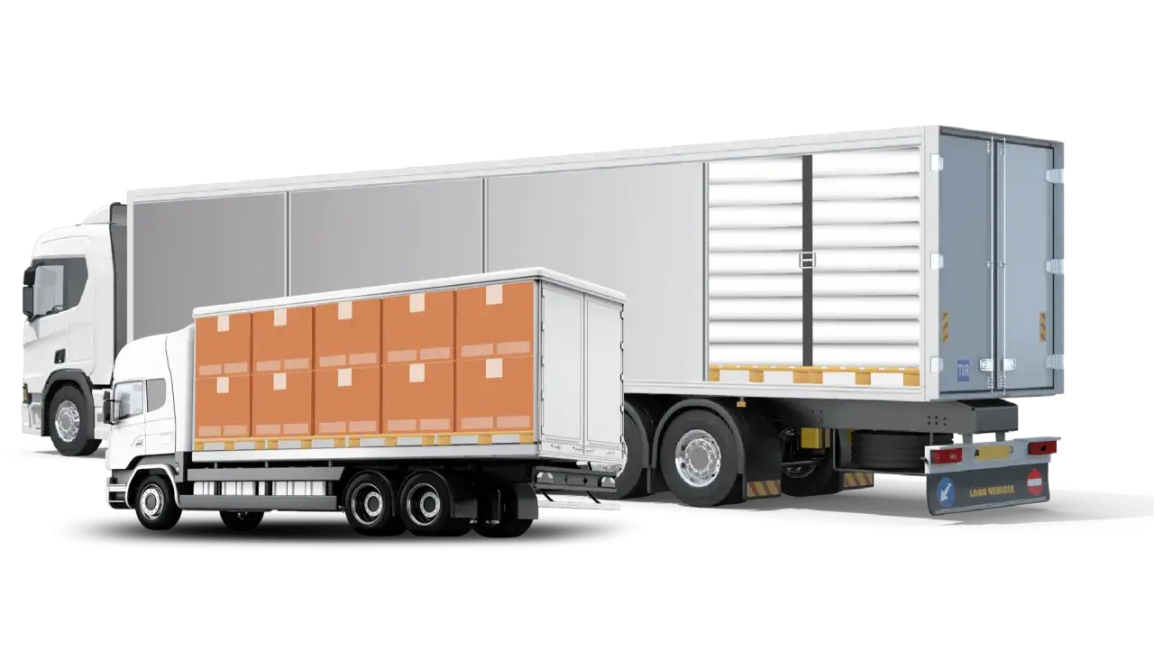 Zwei FTL LKW mit Ladung: ein kleinerer mit orangen Kartons, ein gr&ouml;&szlig;erer mit wei&szlig;en Rollen.