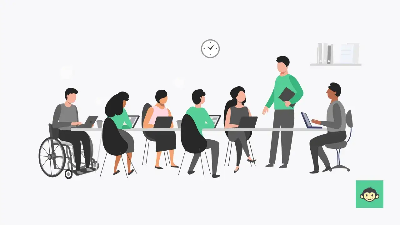 A diverse team, including someone in a wheelchair, collaborates in a modern office, illustrating what is neurodiversity in the workplace.
