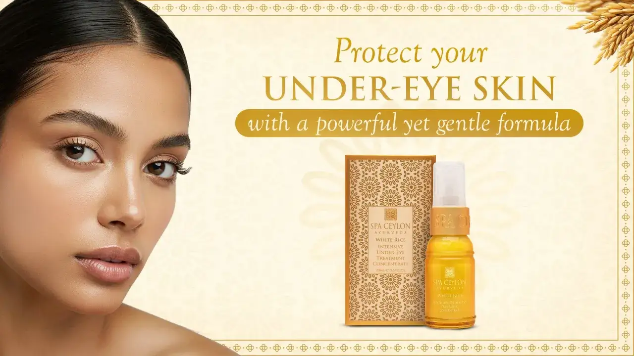 Joven mujer con piel radiante, ideal para combatir las arrugas debajo de los ojos con el concentrado de arroz blanco de Spa Ceylon.