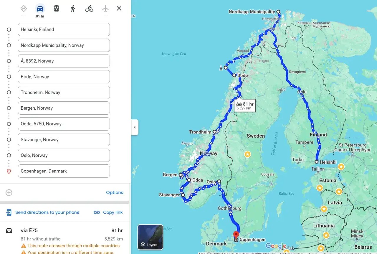En l&aring;ng roadtrip norge rutt fr&aring;n Helsingfors till Nordkap och vidare genom Norge, Sverige och Danmark. 81 timmar, 5529 km.