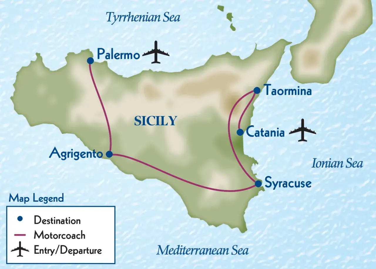 Map of Sicily showing a 10 days in Sicily tour route connecting Palermo, Agrigento, Syracuse, Catania, and Taormina.