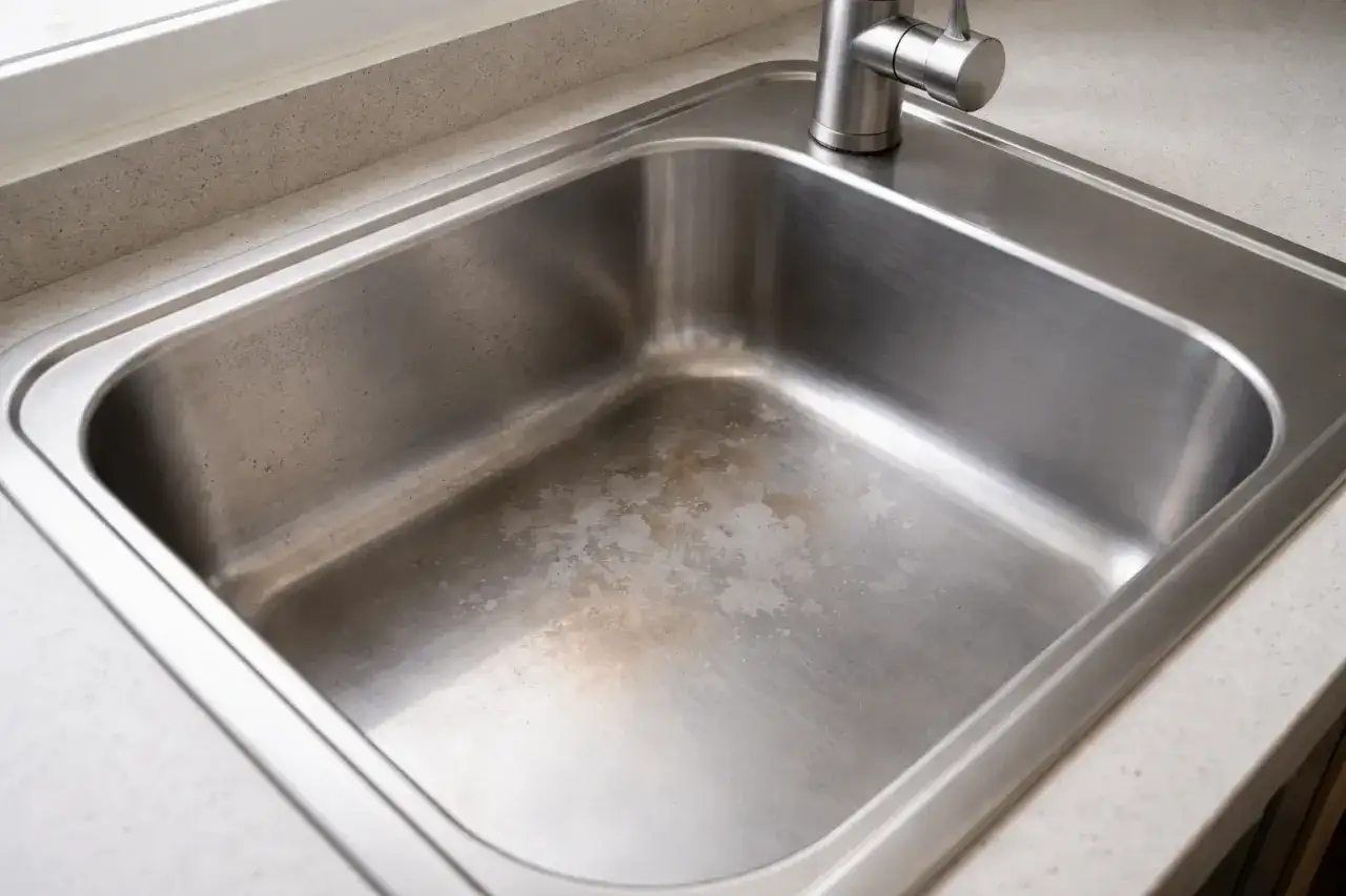 Éclaboussures de javel sur un évier en inox, laissant des traces blanchâtres et jaunâtres sur le métal.