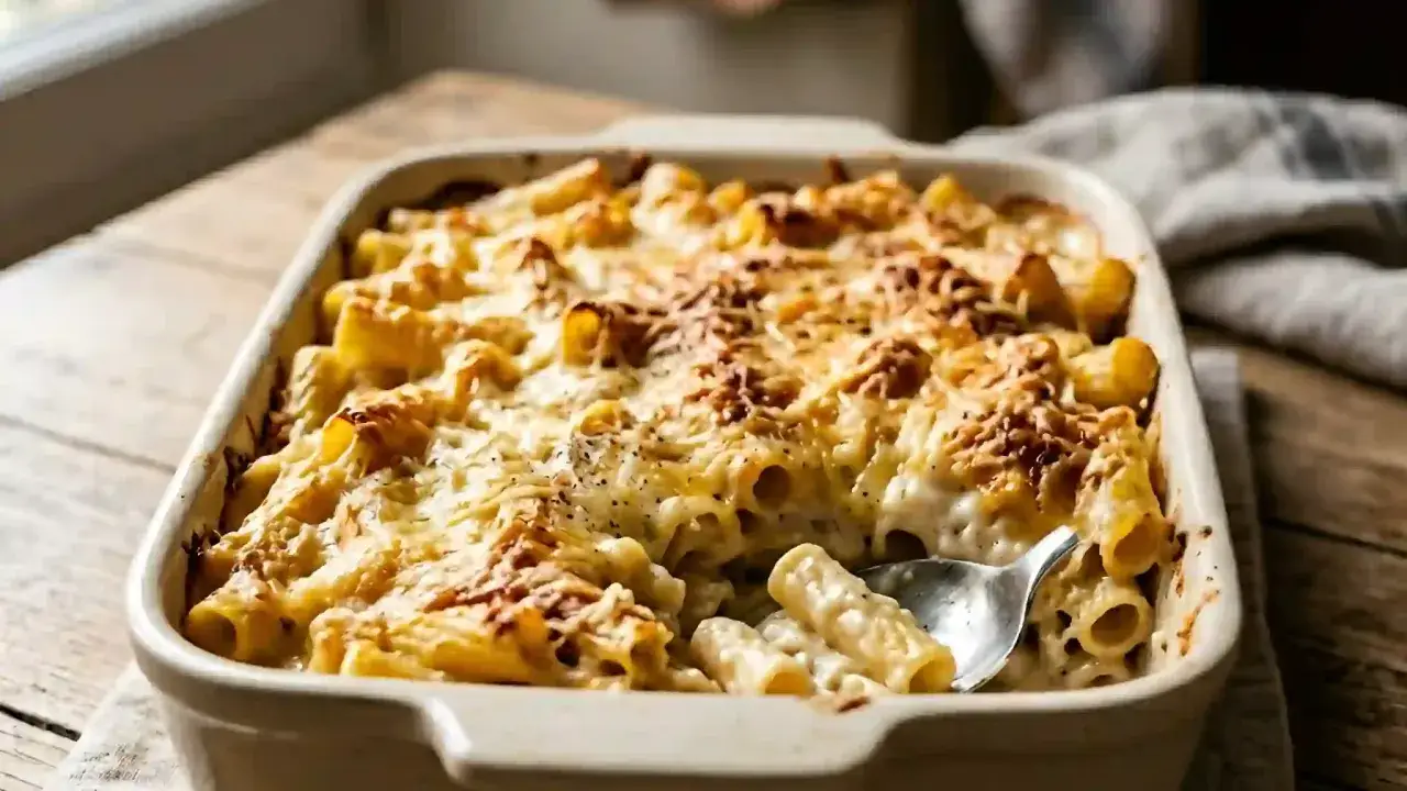 Un plat de pâtes au four gratinées, crémeuses et dorées, avec une cuillère prête à servir ce délice réconfortant.