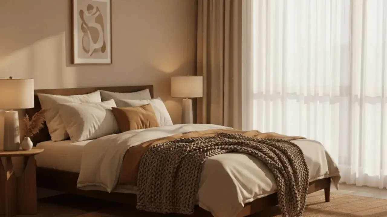 Gemütliche Schlafzimmer beige Ideen: Einladendes Bett mit Kissen, Decke und Nachttischlampe, daneben ein Bild an der Wand.