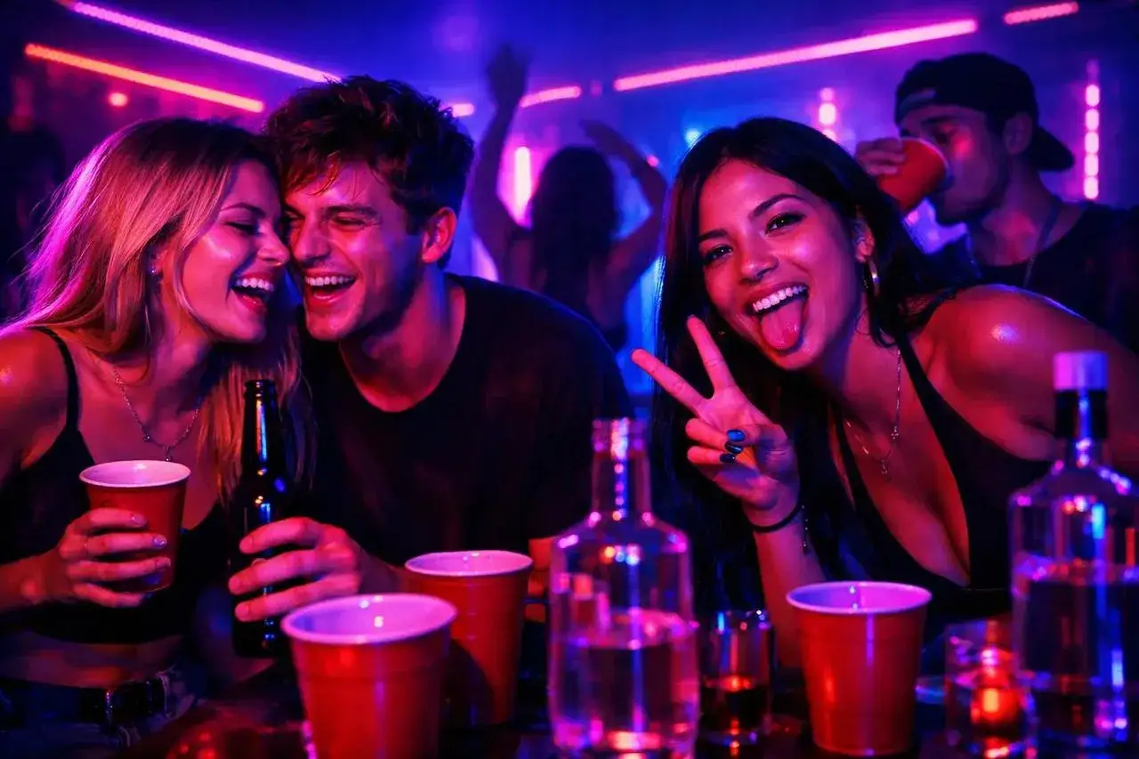 Imprezowa noc pełna śmiechu i zabawy. Wszyscy świetnie się bawią, pijąc i tańcząc. Idealne miejsce na gry do alkoholu.