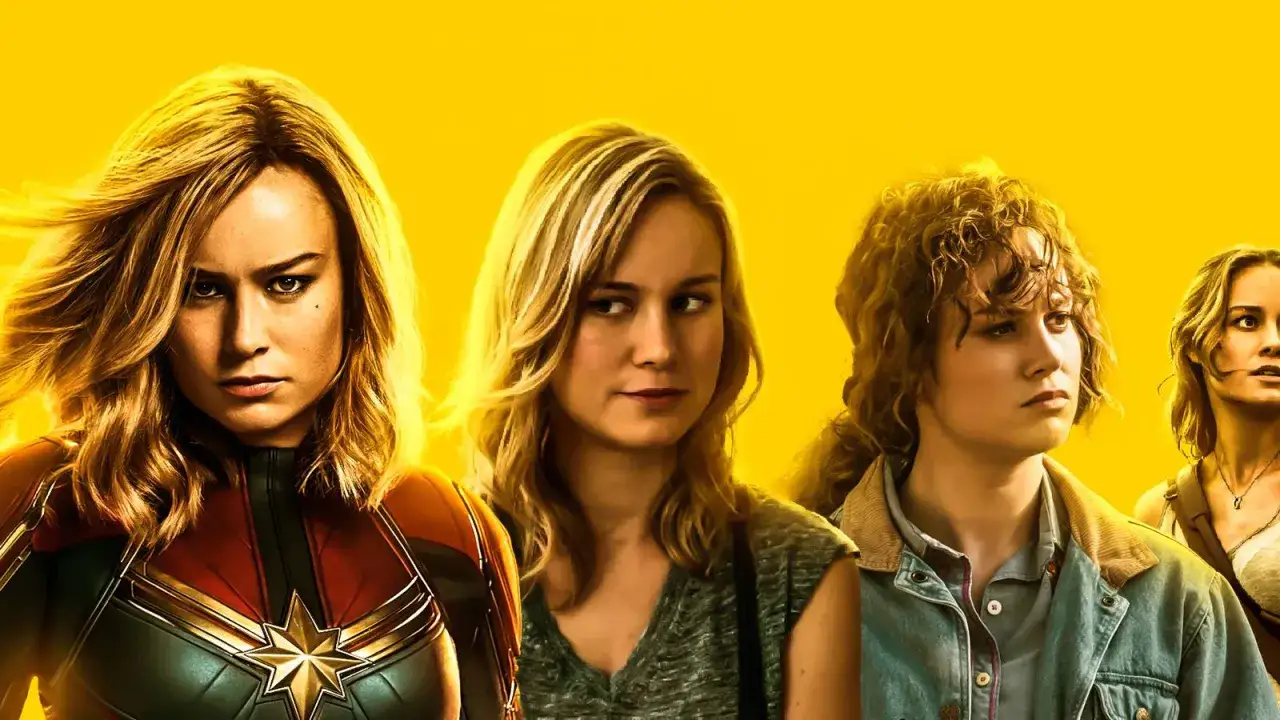 Brie Larson i olika roller från filmer. Från vänster: Captain Marvel, Carol Danvers i vardagskläder och en yngre version av henne.