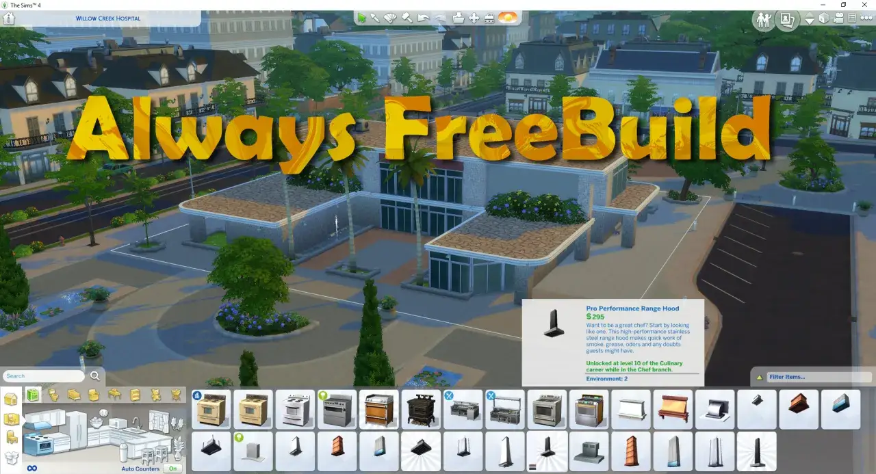 Gra The Sims 4 z widokiem na szpital. Na ekranie widnieje napis
