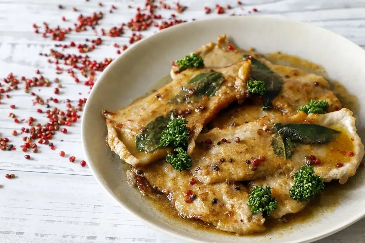 Scaloppine al vino bianco, tenere fettine di carne con salvia e pepe rosa, su un piatto chiaro, con bacche rosse sparse.