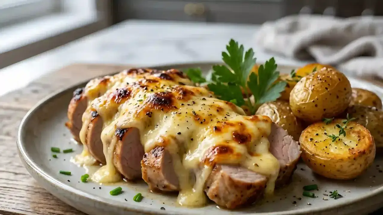 Délicieux filet mignon savoyard gratiné, servi avec des pommes de terre rôties et garni de persil frais. Un plat réconfortant et savoureux.