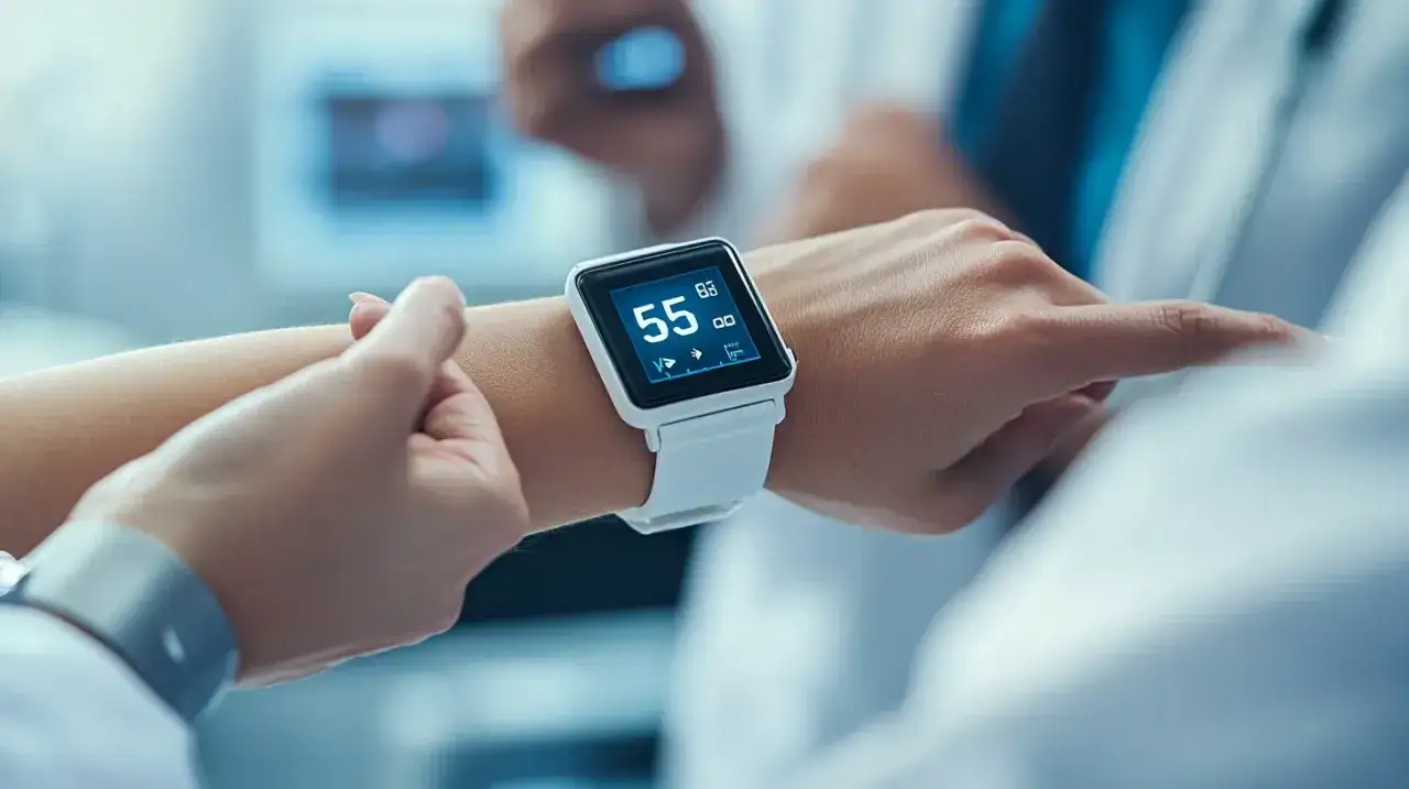 Biały smartwatch na nadgarstku pokazuje 55 uderzeń na minutę, co wskazuje na prawidłowe tętno.