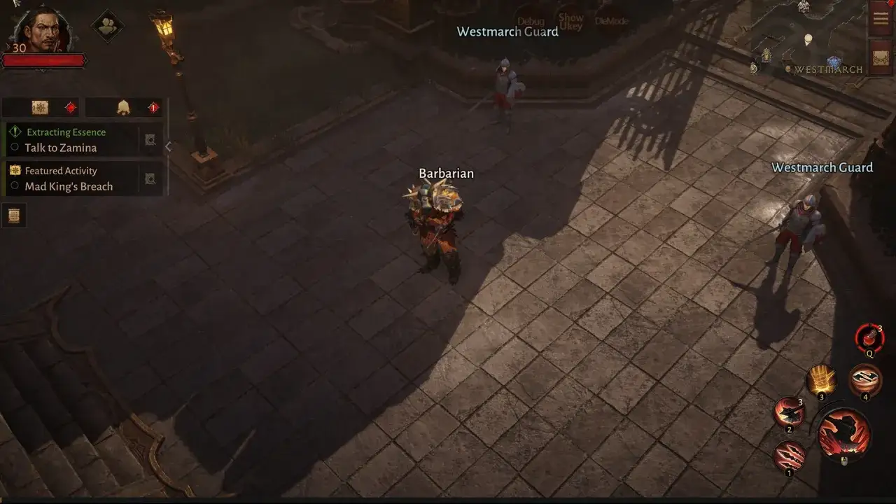 Postać Barbarzyńcy w grze Diablo Immortal na PS4, otoczona przez strażników Westmarch.