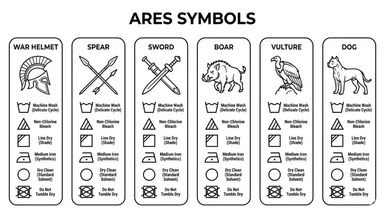 Symboles d'Ar&egrave;s, le dieu de la guerre : casque, lance, &eacute;p&eacute;e, sanglier, vautour, chien, avec instructions d'entretien.