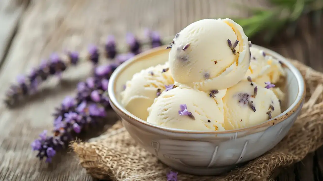 Schüssel mit cremigen Kugeln Lavendeleis, garniert mit Lavendelblüten, auf rustikalem Holzhintergrund.