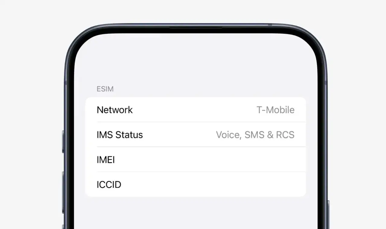 Ustawienia eSIM: sieć T-Mobile, status IMS (Voice, SMS & RCS), IMEI, ICCID.