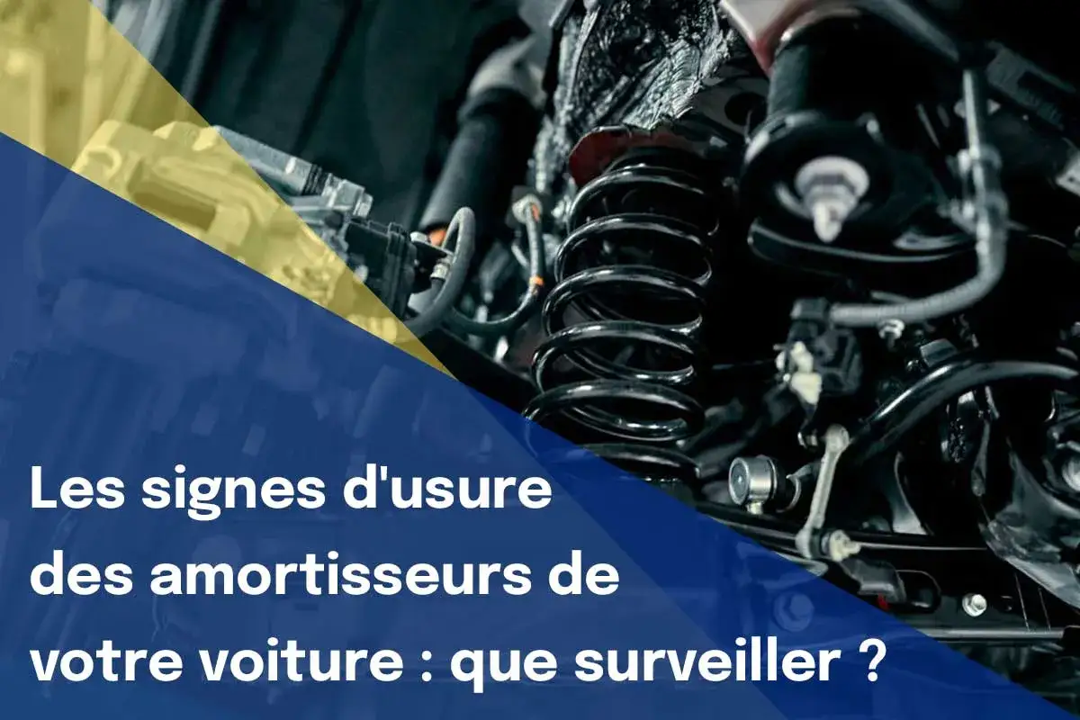 Gros plan sur la suspension d'une voiture, montrant un ressort et d'autres composants mécaniques. Le texte indique