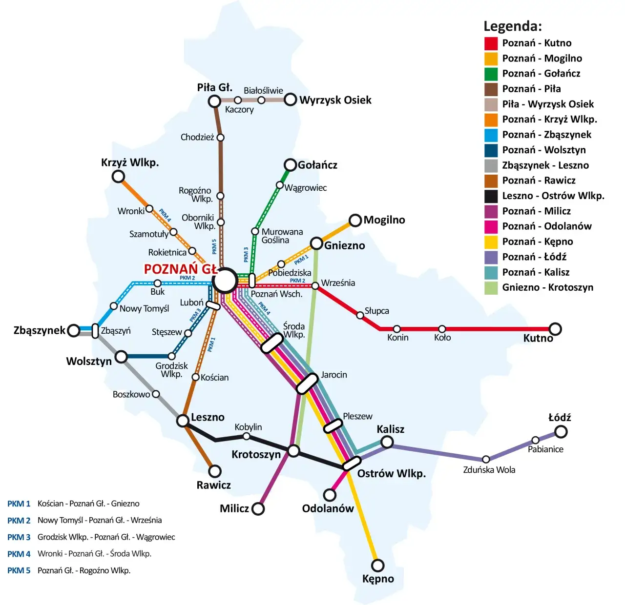 Mapa połączeń kolejowych Krzyż Wielkopolski