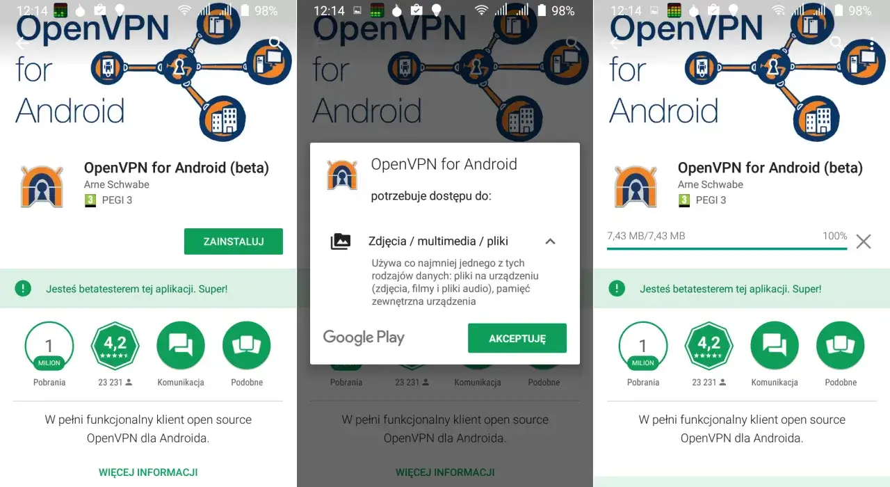 Ekran instalacji aplikacji OpenVPN dla Androida. Widoczna zgoda na dostęp do plików i multimediów.